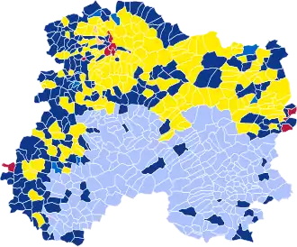 Nuance politique des candidats arrivés en tête dans chaque commune au 1er tour.