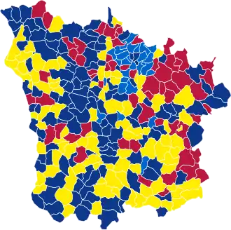 Nuance politique des candidats arrivés en tête dans chaque commune au 1er tour.