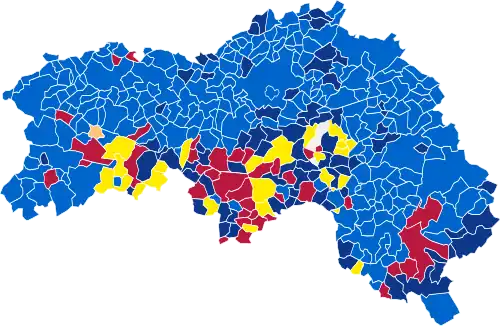 Nuance politique des candidats arrivés en tête dans chaque commune au 1er tour.