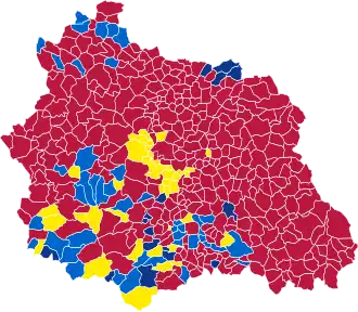 Nuance politique des candidats arrivés en tête dans chaque commune au 1er tour.