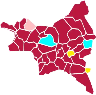 Nuance politique des candidats arrivés en tête dans chaque commune au 1er tour.