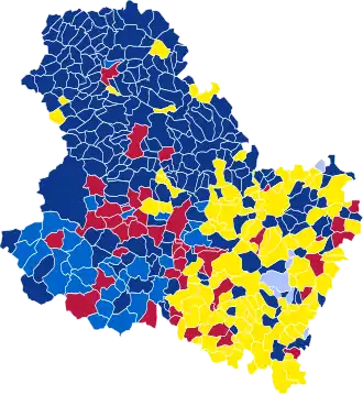 Nuance politique des candidats arrivés en tête dans chaque commune au 1er tour.