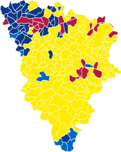 Nuance politique des candidats arrivés en tête dans chaque commune au 1er tour.