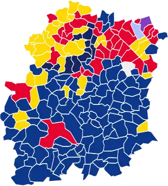 Nuance politique des candidats arrivés en tête dans chaque commune au 1er tour.