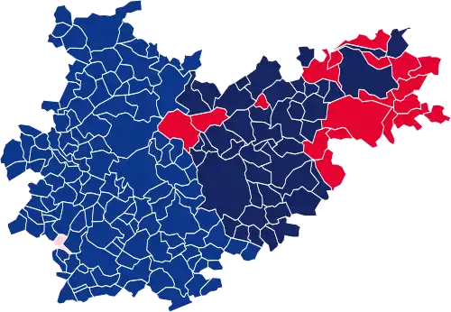 Nuance politique des candidats arrivés en tête dans chaque commune au 1er tour.