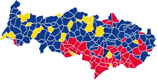 Nuance politique des candidats arrivés en tête dans chaque commune au 1er tour.