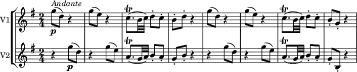 
\new StaffGroup <<

\new Staff
\with {
  instrumentName = #"V1"
}
\relative c'' {
  \key g \major
   \time 2/4
  g'8\p^\markup { \italic Andante } (d) r4
  g8 (e) r4
  c8.\trill ([b32 c]) [d8-. c-.] b-. d-. r4
  g8 (d) r4
  g8 (e) r4
  c8.\trill ([b32 c]) [d8-. c-.] b-. g-. r4
             }

 \new Staff
 \with {
  instrumentName = #"V2"
}
 \relative c''  {
   \key g \major
   \time 2/4
  r4 g'8\p (d)
  r4 g8 (e)
  a,8.\trill ([g32 a]) [b8-. a-.] g-. b-. r4
  r4 g'8 (d)
  r4 g8 (e)
  a,8.\trill ([g32 a]) [b8-. a-.] g-. b,-. r4
               }
>>
