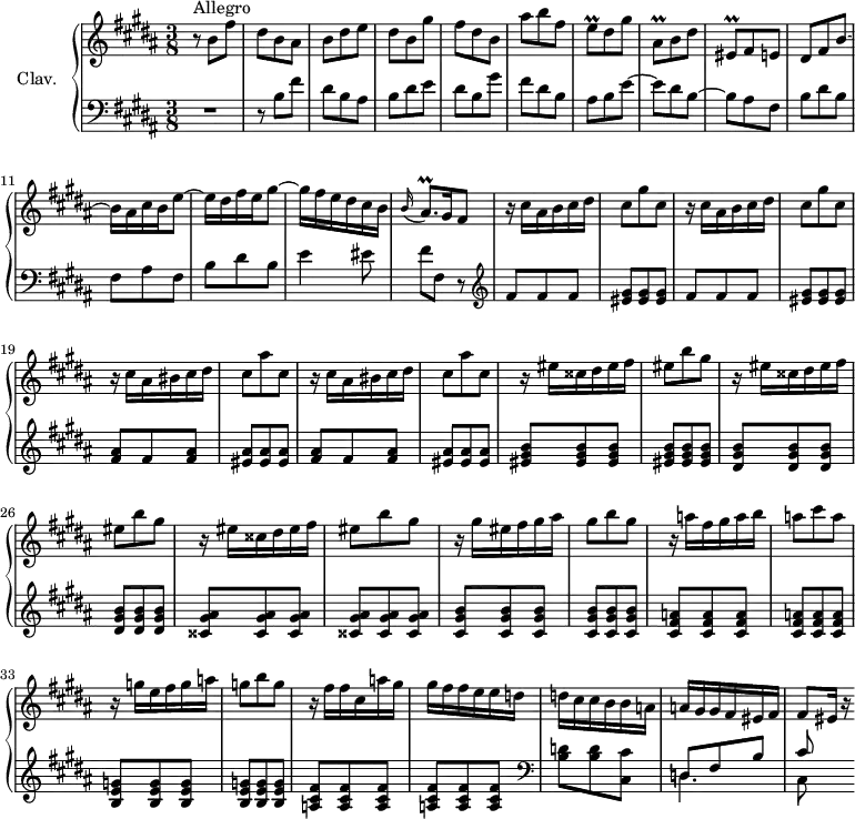 
\version "2.18.2"
\header {
  tagline = ##f
}

%% les petites notes
trillEq         = { \tag #'print { e8\prall } \tag #'midi { fis32 e fis e } }
trillAisqDown   = { \tag #'print { ais,8\prall } \tag #'midi { b32 ais b ais } }
trillEqDown     = { \tag #'print { eis,8\prall } \tag #'midi { fis32 eis fis eis } }
trillAisqp      = { \tag #'print { ais8.\prall } \tag #'midi { b32 ais b ais~ ais16 } }


upper = \relative c'' {
  \clef treble 
  \key b \major
  \time 3/8
  \tempo 4. = 66
  \set Staff.midiInstrument = #"harpsichord"

      s8*0^\markup{Allegro}
      r8 b8 fis' | dis b ais | b dis e | dis b gis' | fis dis b | ais' b fis | \trillEq dis8 gis |
      % ms. 8
      \trillAisqDown b8 dis | \trillEqDown fis8 e | dis fis b~ | b16 ais cis b e8~ | e16 dis fis e gis8~ | gis16 fis e dis cis b | \appoggiatura b16 \trillAisqp gis16   \tempo 4. = 40 fis8 |   \tempo 4. = 66
      % ms. 15
      \repeat unfold 2 { r16 cis'16 ais b cis dis | cis8 gis' cis, } | \repeat unfold 2 { r16 cis16 ais bis cis dis | cis8 ais' cis, } | 
      % ms. 23
      \repeat unfold 3 { r16 eis16 cisis dis eis fis | eis8 b' gis } | 
      % ms. 29
      r16 gis16 eis fis gis ais | gis8 b gis | r16 a16 fis gis a b | a8 cis a | r16 g16 e fis g a | g8 b g |
      % ms. 35
      r16 fis16 fis cis a' gis | gis fis fis e e d | d cis cis b b a | a gis gis fis eis fis | fis8 \tempo 4. = 15 eis16 r16  

}

lower = \relative c' {
  \clef bass
  \key b \major
  \time 3/8
  \set Staff.midiInstrument = #"harpsichord"

    % **************************************
      R4. | r8 b8 fis' | dis b ais | b dis e | dis b gis' | fis dis b | ais b e~ |
      % ms. 8
      e8 dis b~ | b ais fis | b dis b | fis ais fis | b dis b | e4 eis8 | fis8 fis,  r8   \clef treble 
      % ms. 15
      \repeat unfold 2 { fis'8 fis fis | < eis gis >8 q q } | \repeat unfold 2 { < fis ais >8 fis < fis ais > | < eis ais >8 q q } |
      % ms. 23
      < eis gis b >8 q q | q q q | < dis gis b >8 q q | q q q | < cisis gis' ais >8 q q |
      % ms. 28
      q q q | < cis gis' b > q q | q q q | < cis fis a >8 q q | q q q | < b e g >8 q q | q q q |
      % ms. 35
      < a cis fis >8 q q | q q q |   \clef bass < b d >8 q < cis, cis' > | << { d8 fis b | cis8 } \\ { \mergeDifferentlyDottedOn d,4. | cis8 } >>


}

thePianoStaff = \new PianoStaff <<
    \set PianoStaff.instrumentName = #"Clav."
    \new Staff = "upper" \upper
    \new Staff = "lower" \lower
  >>

\score {
  \keepWithTag #'print \thePianoStaff
  \layout {
      #(layout-set-staff-size 17)
    \context {
      \Score
     \override SpacingSpanner.common-shortest-duration = #(ly:make-moment 1/2)
      \remove "Metronome_mark_engraver"
    }
  }
}

\score {
  \keepWithTag #'midi \thePianoStaff
  \midi { }
}
