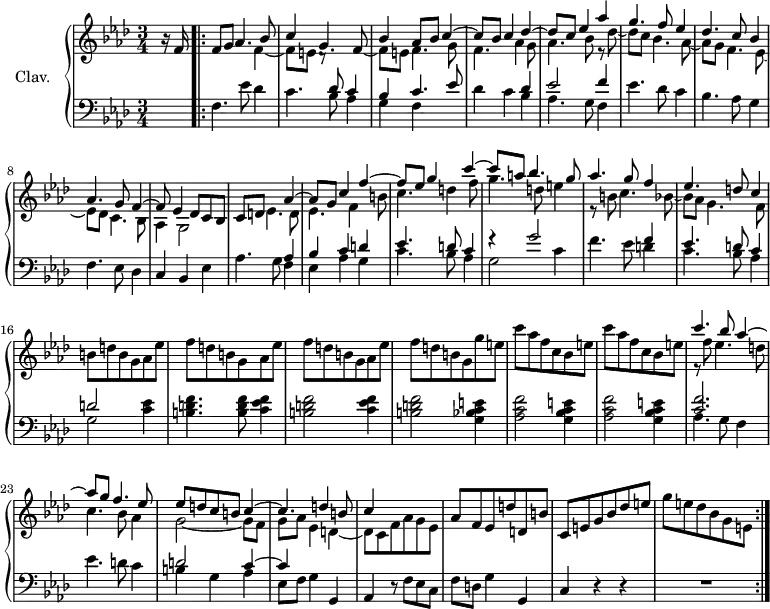 
\version "2.18.2"
\header {
  tagline = ##f
}

%% les petites notes
trillBesp = { \tag #'print { bes4.\prall } \tag #'midi { c32 bes c bes~ bes4 } }

upper = \relative c'' {
  \clef treble 
  \key f \minor
  \time 3/4
  \tempo 4 = 72
  \set Staff.midiInstrument = #"harpsichord"
  \override TupletBracket.bracket-visibility = ##f

      % s8*0^\markup{Allegro}
      \partial 8
      r16 f,16 \repeat volta 2 { f8 g 
      << { s1 s4 | bes4 aes8 bes c4~ c8 bes c4 des~ | des8 c ees4 aes | g4. f8 ees4 | des4. c8 bes4 | aes4. g8 f4~ | f8 ees4 des8 c bes } 
      \\ { \stemUp aes'4. bes8 c4 g4. f8~ | \stemDown f8 e f4. g8 | f4. aes4 g8 | aes4. bes8 r8 des8~ | des c bes4. aes8~ | aes g f4. ees8~ | ees des c4. bes8 | aes4  g2 } 
      \\ { s4 \stemDown f'4_~ | f8 e d8\rest } >> 
      % ms. 10
      c8 d 
      << { s4 aes'4~ | aes8 g c4 f~ | f8 ees g4 c4~ | c8 a bes4. g8 | aes4. g8 f4 | ees4. d8 c4 } 
      \\ { ees,4. d8 | ees4. f4 b8 | c4. d4 f8 g4. d8 e4 | r8 b8 c4. bes8~ | bes aes g4. f8 } >>
      % ms. 16
      b8 d b g aes ees' | \repeat unfold 2 { f8 d b g aes ees' } | f8 d b g g' e |
      % ms. 20
      \repeat unfold 2 { c'8 aes f c bes e } | 
      << { c'4. bes8 aes4~ | aes8 g f4. ees8 | ees d c b c4~ | c4. d4 b8 | c4 } 
      \\ { r8 f8 ees4. d8 | c4. bes8 aes4 | g2~ g8 f | g aes ees4 d~ | d8 c f aes g ees } >>
      % ms. 27
      aes8 f ees d' d, b' | c, e g bes des e | g e des bes g e
      } % Volta

}

lower = \relative c' {
  \clef bass
  \key f \minor
  \time 3/4
  \set Staff.midiInstrument = #"harpsichord"
  \override TupletBracket.bracket-visibility = ##f

    % **************************************
      s8 | f,4. ees'8 des4 | c4. << { des8 c4 | bes c4. ees8 | s2 des4 } \\ { bes8 aes4 | g f s4 | des' c bes4 } >>
      % ms. 5
      << { ees2 f4 } \\ { aes,4. g8 f4 } >>
      % ms. 6
      ees'4. des8 c4 | bes4. aes8 g4 | f4. ees8 des4 | c4 bes ees |
      % ms. 10
      aes4. g8 << { aes4 | bes c d | ees4. d8 c4 | r4 g'2 s2 | f4 | ees4. d8 c4 | d2 } 
      \\ { f,4 ees aes g | c4. bes8 aes4 | g2 c4 | f4. ees8 d4 | c4. bes8 aes4 | g2 } >> < c ees >4 |
      % ms. 17
      < b d f >4. q8 \repeat unfold 2 { < c ees f >4 | < b d f >2 } < g bes c e >4 |
      % ms. 20
      \repeat unfold 2 { < aes c f >2 < g bes c e >4 } | << { < c f >2. s2. | d2 c4~ | c } 
      \\ { aes4. g8 f4 | ees'4. d8 c4 | b4 g aes | ees8[ f] } >> g4 g, |
      % ms. 26
      aes4 r8 f'8 ees c | f d g4 g, | c4 r4 r4 | R2. 

}

thePianoStaff = \new PianoStaff <<
    \set PianoStaff.instrumentName = #"Clav."
    \new Staff = "upper" \upper
    \new Staff = "lower" \lower
  >>

\score {
  \keepWithTag #'print \thePianoStaff
  \layout {
      #(layout-set-staff-size 17)
    \context {
      \Score
     \override SpacingSpanner.common-shortest-duration = #(ly:make-moment 1/2)
      \remove "Metronome_mark_engraver"
    }
  }
}

\score {
  \keepWithTag #'midi \thePianoStaff
  \midi { }
}
