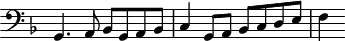 
\header {
  tagline = ##f
}

\score {
  \new Staff \with {
     \remove "Time_signature_engraver"
  }
<<
  \relative c {
    \key f \major
    \clef bass
    \time 2/2
    \override TupletBracket #'bracket-visibility = ##f 

     %%% f° 49
     g4. a8 bes g a bes c4 g8 a bes c d e  f4

  }
>>
  \layout {
     \context { \Score \remove "Metronome_mark_engraver" }
  }
  \midi {}
}
