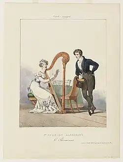 1er échelon ascendant : le ravissement 1824), composition lithographiée par G. Engelmann (série « L’Échelle conjugale »)