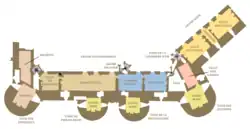Plan du premier étage des logis montrant la fonction supposée des pièces.