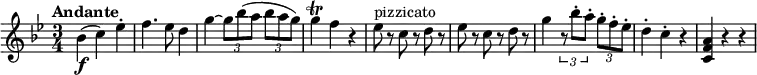 
\relative c' {
   \version "2.18.2"
   \clef "treble" 
   \tempo "Andante" 
   \key bes  \major
   \time 3/4
     bes'4 \f (c) ees -.
     f4. ees8 d4
     g4~ \tuplet 3/2 {g8 bes (a} \tuplet 3/2 {bes a g)} 
     g4 \trill f r4
     ees8^\markup { pizzicato } r8 c r8 d r8 
     ees r8 c r8 d r8
     g4 \tuplet 3/2 {r8 bes-. a-.} \tuplet 3/2 {g-. f-. ees-.} 
     d4-. c-. r4
     <c, f a> r4 r4
}

