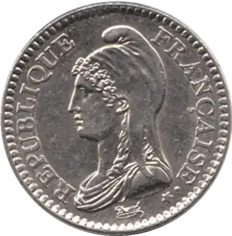 Motif de la Marianne de Dupré (1795) repris sur la pièce de 1 franc (1992)
