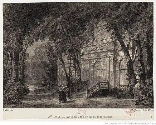 Scène de l'incendie, IIe acte de Mignon. Estampe de la création de l'oeuvre à l'Opéra Comique par Eugène Lami (1866)