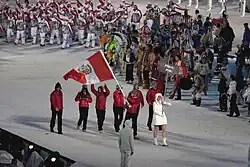 Photographie de l'entrée de la délégation péruvienne lors de la cérémonie d'ouverture.