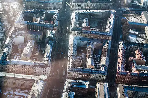 vue aérienne de Sankt Eriksgatan et Fridhemsgatan entre Drottningholmsvägen et Fleminggatan dans le quartier de Kungsholmen.