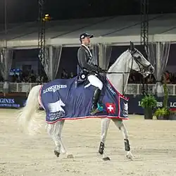 Cheval gris monté et portant une couverture bariolée, vu de profil.