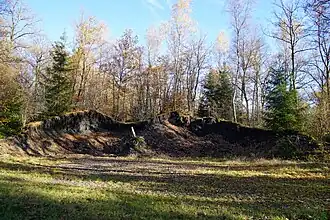 Terril éventré dont le reste est recouvert par la végétation.