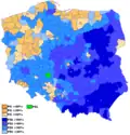 Aux élections législatives polonaises de 2015, les votes pour Droit et Justice sont concentrés dans le sud-est du pays (anciennes partition russe et partition autrichienne).