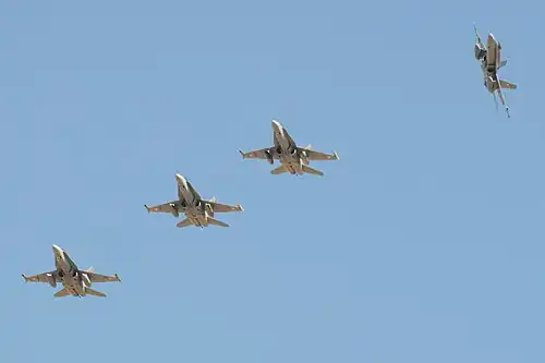 Formation de F/A-18 de la Staffel 11&nbsp;(en) au Tiger Meet 2016 à la base aérienne de Saragosse&nbsp;(es).