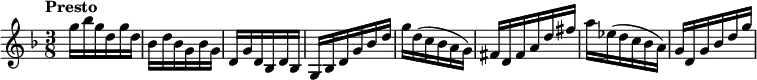 
{
% 0
    \tempo "Presto"
\numericTimeSignature \time 3/8 \key d \minor g''16 bes''16 g''16 d''16 g''16 d''16 bes'16 d''16 bes'16 g'16 bes'16 g'16 |
%
% 1
    d'16 g'16 d'16 bes d'16 bes16 g16 bes16 d'16 g'16 bes'16 d''16 | g''16 d''16 ( c''16 bes'16 a'16 g'16 ) |
% 2
 fis'16 d'16 fis'16 a'16 d''16 fis''16 a''16 ees''16 ( d''16 c''16 bes'16 a'16 ) g'16 d'16 g'16 bes'16 d''16 g''16

\bar "|"

}
