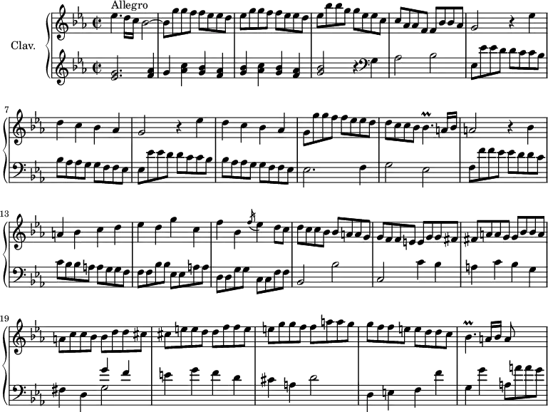 
\version "2.18.2"
\header {
  tagline = ##f
}

%% les petites notes
%trillBesp     = { \tag #'print { bes4.\prall } \tag #'midi { c32 bes c bes c bes~ bes16~ bes8 } }

trillBesp     = { \tag #'print { bes4.\prall } \tag #'midi { c16 bes c bes c bes } }
upper = \relative c'' {
  \clef treble 
  \key ees \major
  \time 2/2
  \tempo 2 = 90
  \set Staff.midiInstrument = #"harpsichord"

      s8*0^\markup{Allegro}
      ees4. d16 c bes2~ | bes8 g' g f f ees ees d | ees g g f f ees ees d | ees bes' bes g g ees ees c |
      % ms. 5
      c8 aes aes f f bes bes aes | \repeat unfold 2 { g2 r4 ees'4 d c bes aes } |
      % ms. 10
      g8 g' g f f ees ees d | d c c bes \trillBesp a16 bes | a2 r4 bes4 | a bes c d ees d g c, |
      % ms. 15
      f4 bes, \acciaccatura f'16 ees4 d8 c | d c c bes bes a a g | g f f e e g g fis | fis a a g g bes bes a | a c c bes bes d d cis |
      % ms. 20
      cis8 e e d d f f e | e g g f f a a g | g f f e e d d c |  \trillBesp a16 bes a8 s8 s4  |

}

lower = \relative c' {
  \clef bass
  \key ees \major
  \time 2/2
  \set Staff.midiInstrument = #"harpsichord"

    % **************************************
     \clef treble < ees g >2. < f aes >4 | g < aes c >4 < g bes > < f aes > | < g bes > < aes c >4 < g bes > < f aes > | < g bes >2 r4   \clef bass g,4
     % ms. 5
     aes2 bes | \repeat unfold 2 { ees,8 ees' ees d d c c bes | bes aes aes g g f f ees } |
     % ms. 10
     ees2. f4 | g2 ees | f8 f' f ees ees d d c | c bes bes a a g g f | f f bes bes ees, ees a a |
     % ms. 15
     d,8 d g g c, c f f | bes,2 bes' | c,2 c'4 bes | a c bes g | fis d << { g'4 f } \\ { g,2 } >> |
     % ms. 20
     e'4 g f d | cis a d2 | d,4 e f f' | g, g' a,8 a' a g |

}

thePianoStaff = \new PianoStaff <<
    \set PianoStaff.instrumentName = #"Clav."
    \new Staff = "upper" \upper
    \new Staff = "lower" \lower
  >>

\score {
  \keepWithTag #'print \thePianoStaff
  \layout {
      #(layout-set-staff-size 17)
    \context {
      \Score
     \override SpacingSpanner.common-shortest-duration = #(ly:make-moment 1/2)
      \remove "Metronome_mark_engraver"
    }
  }
}

\score {
  \keepWithTag #'midi \thePianoStaff
  \midi { }
}
