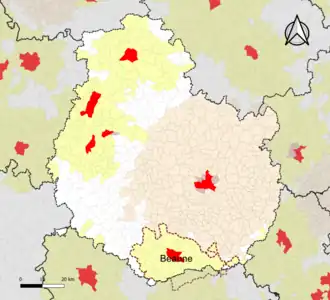 Localisation de l'aire d'attraction de Beaune dans le département de la Côte-d'Or.