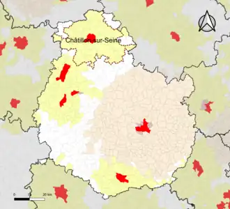 Localisation de l'aire d'attraction de Châtillon-sur-Seine dans le département de la Côte-d'Or.