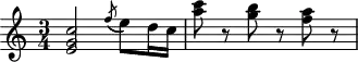 
\header {
  tagline = ##f
}

\score {
  \new Staff \with {

  }
<<
  \relative c'' {
    \key c \major
    \time 3/4
    \override TupletBracket #'bracket-visibility = ##f 
    \autoBeamOff

     %%%%%%%%%%%%%%%%%%%%%%%%%% K33f / Anh 201
     < c g e >2 \acciaccatura f8( e8)[ d16 c] < c' a >8 r8 < b g >8 r8 < a f >8 r8

  }
>>
  \layout {
    \context {
      \remove "Metronome_mark_engraver"
    }
  }
  \midi {}
}
