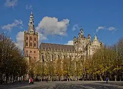 Vue en extérieur d'une cathédrale gothique, clocher en briques et nef en pierres grises.