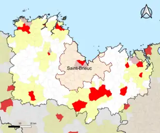 Localisation de l'aire d'attraction de Saint-Brieuc dans le département des Côtes-d'Armor.