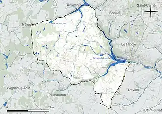 Carte en couleur présentant le réseau hydrographique de la commune