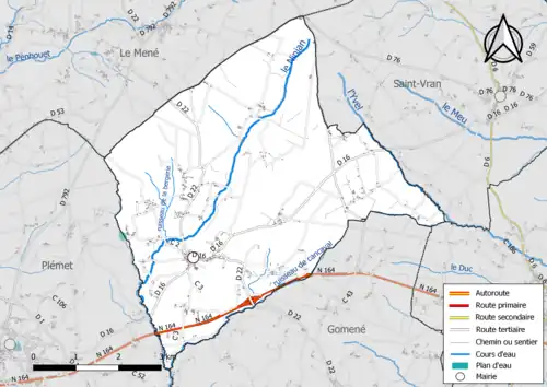 Carte hydrographique et des infrastructures de transport de la commune.