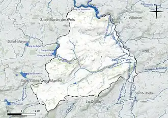 Carte en couleur présentant le réseau hydrographique de la commune