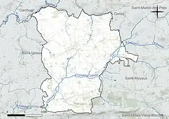 Carte en couleur présentant le réseau hydrographique de la commune