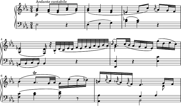 
\version "2.18.2"
\header {
  tagline = ##f
}
upper = \relative c' {
         \clef "treble"
         \tempo "Andante cantabile"
         \key ees \major
         \time 3/4
         \tempo 4 = 50
      <g' bes>4 \p ^\markup {Andante cantabile} <f aes>8 (<ees g> <aes c> <g bes>)
      <g bes>4 (<f aes> <ees g>
      e (f8 c') \grace bes16 (aes8) g16 f
      <g,ees'!>4 (<f d'>16) r32 bes-! d (c ees d f ees g f aes g bes aes)
      <<{\stemDown g4 s4} \\ { \stemUp  \grace c16 ^(bes8.) \stemUp c32 (bes aes16 g f ees) }>> g' (d ees c)
      bes4 (aes8. \trill g32 aes g16) ees' (d des)
      b \grace d32 (c16) \grace bes32 (aes16) \grace g32 ( f16) ees4. <<{\stemDown d8} \\ { \stemUp   g16 f }>>
}
lower =\relative c {
         \clef "bass"
         \key ees \major
         \time 3/4
       ees2 r4
       ees4 (f g)
       <bes des> (<aes c>) r
       a,16 (bes c bes) bes4 r
       <ees, ees'>4 r <ees' c'>4
       <f c'> (<bes d> <c ees>8) r
      <aes, aes'>4 <<{\stemDown bes2} \\ { \stemUp   g'4 aes }>>
  }
\score {
  \new PianoStaff <<
    \new Staff = "upper" \upper
    \new Staff = "lower" \lower
  >>
  \layout {
    \context {
      \Score
      \remove "Metronome_mark_engraver"
    }
  }
  \midi { }
}
