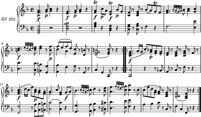 
\header {
  tagline = ##f
}
upper = \relative c'' { 
        \version "2.18.2"
         \clef "treble"          
         \key f \major
         \time 2/2 
         \tempo 4 = 120                 
         \set Staff.midiInstrument = #"piano"

  \repeat volta 2 {
    
    <<{<f, a>4. \f <g bes>8\p} \\ {c,2}>> <a' c>4 r
    <e g>4. \f <f a>8\p <g bes>4 r
     <f a>\trill \f c'8\p a <d, g>4\trill \f bes'8\p g
     <c, f>8 r <c e g> r bes' (a) g\trill f
    <f a>4. \grace { bes32 ([a g  a]) } bes8 <a c>4 <g c>
    <b d>4.\f \grace { e32 ([ d c d]) } <c e>8 <d f>4 r8 <b f'>\p
    <<{f' (e f d)} \\ {c4 a}>> <e c'>8 r <d b'> r
    <d f g b>2 (<e g c>8) r8 r4
          }
  \repeat volta 2 { 
          <c e g>4.\f (a'16 g c8) <g bes!>-.\p <f a>-. <e g>-. 
          <d f> r <c e g> r <c f a>  r f r
          <f a c>4.\f (d'16 c f8) <a, c>-.\p <g bes>-. <f a>-.
          <<{a4.  c8} \\ {f,2}>> <e g>4 g8\f (a)
          bes4. \grace {c32 ([ bes a bes]) } c8 d4 r8 <bes e>8
          <a f'>4.  \grace { g'32 ([ f e f]) } <c g'>8 <c a'>4 r8 c-.
          c (f d <g, bes> <f a>) r8 <c e g> r
         <bes c e g>2 (<a c f>8) r8 r4
       }
}

lower = \relative c {
        \clef "bass" 
        \key f \major
        \time 2/2 
        \set Staff.midiInstrument = #"piano"
  
  \repeat volta 2 { 
    <f, a c f>2 r
    <c' e g bes c>2 r
    <f a c>4 r <bes, d g> r
    <c f a>8 r <c g' bes> r f4 r
    f2. <e e'>4
    <d d'>4. <c c'>8 <b b'>4 <g g'>
    <a a'> f' g8 r g, r
    c4 g c,8 r8 r4
  } 
  \repeat volta 2 {
     <c c'>2 r4 r8 bes'!8
     a r c r f r r4
     <f, f'>2 r8 <a a'> <bes bes'> <b b'> 
     <c c'>2 (<c c'>4)  r
     <g g'>4. <a a'>8 <bes bes'>4 r8 <cis cis'>8
     <d d'>4. <e e'>8 <f f'>4 r
     a bes c8 r c, r
     f4 c f,8 r r4
  }   
}

\score {
  \new PianoStaff <<
    \set PianoStaff.instrumentName = #"KV 352"
    \new Staff = "upper" \upper
    \new Staff = "lower" \lower
  >>
  \layout {
    \context {
      \Score
      \remove "Metronome_mark_engraver"
    }
  }
  \midi { }
}
