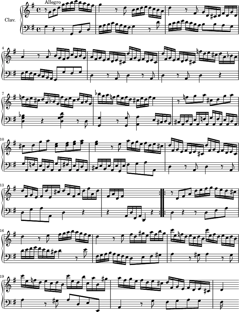 
\version "2.18.2"
\header {
  tagline = ##f
  % composer = "Domenico Scarlatti"
  % opus = "K. 71"
  % meter = "Allegro"
}

%% les petites notes
%trillBesp     = { \tag #'print { bes4.\prall } \tag #'midi { c32 bes c bes~ bes4 } }

upper = \relative c'' {
  \clef treble 
  \key g \major
  \time 4/4
  \tempo 4 = 82

  \repeat volta 2 {
      s8*0^\markup{Allegro}
      r8 g8 b d g16 a b c b a g fis | g4 r8 d8 b16 c d e d c b a |
      % ms. 3
      d4 r8 fis,8 g16 d cis d fis d g d | a'4 r8 a8 b16 g fis g c a b g | a fis g e fis d e cis \repeat unfold 2 { d' fis, g e fis d e cis }
      % ms. 6 suite…
      f'16 d e cis d a bes a | \repeat unfold 2 { f' d e cis d a bes g } | bes'16 g a f g e f d cis e d f e4 |
      % ms. 9
      r8 f8 g a \repeat unfold 2 { cis, d g a } | < cis, e >8 < d fis > < e g > < fis a > | < e g >4 r8 e8 a16 fis g e fis d e cis |
      % ms. 12
      \repeat unfold 2 { d16 fis, g e fis d e cis } | d' fis, g e fis d' e, cis' d a fis a d fis a, d | fis, a d, fis s2. }%repet
      % ms. 15
      \bar ":..:"
      r8 d8 fis a d16 e fis g fis e d cis | d4 r8 e8 fis16 g a b a g fis e | d4 r8 e8 fis16 d gis e a fis b gis |
      % ms. 18
      \repeat unfold 3 { c16 e, f d e c d b } c' e, d b' c, a' b, gis' | a fis g e fis d e cis d fis, g e fis d e cis | d4

}

lower = \relative c' {
  \clef bass
  \key g \major
  \time 4/4

  \repeat volta 2 {
    % ************************************** \appoggiatura a16  \repeat unfold 2 {  } \times 2/3 { }   \omit TupletNumber 
      g4 r4 r8 g,8 b d | g16 a b c b a g fis | g4 r8 d'8  |
      % ms. 3
      b16 c d e d c b a  b8 b a g | fis16 g fis e d c b a g8 g' fis g | d4 \repeat unfold 3 { r8 a8 d4 } |
      % ms. 6 fin…
      r4 | < d g bes >4 r4 < d g a d >4 r8 d8 | < g, g' >4 r8 q8 < a a' >4 e'16 cis d b
      % ms. 9
      cis16 a d a e' a, f' a, \repeat unfold 2 { g' a, f' a, e' a, d a } g' a, fis' a, e' a, d a | cis e b e a, e' g, e' fis8 g a a, |
      % ms. 12
      d4 r8 a8 d4 r8 a8 | d g a a, d4 r4 | r4 a16 d fis, a d,4 r4 }%repet
      % ms. 15
      d'4 r4 r8 d8 fis a | d16 e fis g fis e d cis | d4 r8 e8 | fis,16 g a b a g fis e  d8 e fis \repeat unfold 3 { gis8 |
      % ms. 18
      a4 r8 } gis8 a d, e e, | a4 r8 g'8 fis g a g | fis16 

}

thePianoStaff = \new PianoStaff <<
    \set PianoStaff.instrumentName = #"Clav."
    \new Staff = "upper" \upper
    \new Staff = "lower" \lower
  >>

\score {
  \keepWithTag #'print \thePianoStaff
  \layout {
      #(layout-set-staff-size 17)
    \context {
      \Score
     \override TupletBracket.bracket-visibility = ##f
     \override SpacingSpanner.common-shortest-duration = #(ly:make-moment 1/2)
      \remove "Metronome_mark_engraver"
    }
  }
}

\score {
  \unfoldRepeats
  \keepWithTag #'midi \thePianoStaff
  \midi { \set Staff.midiInstrument = #"harpsichord" }
}
