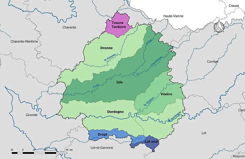 Principaux bassins versants du département de la Dordogne, correspondant aux unités hydrographiques de référence (UHR) définies dans le SDAGE du bassin Adour-Garonne.