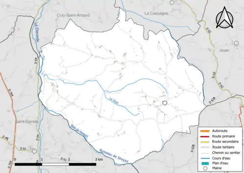 Carte en couleur présentant le réseau hydrographique de la commune