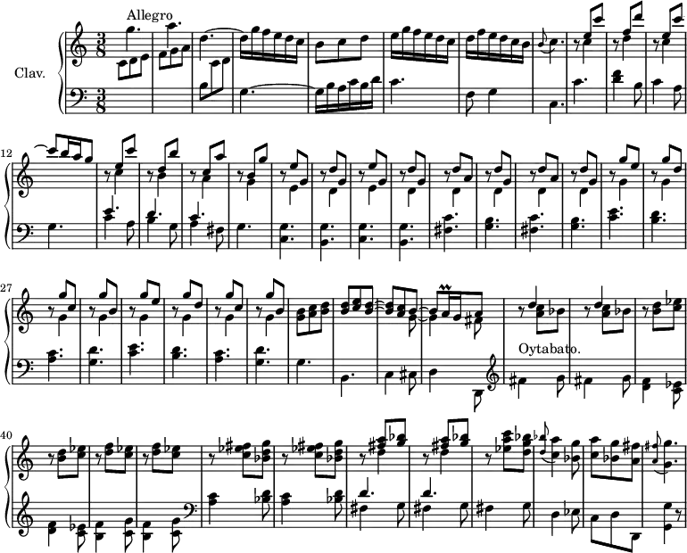 
\version "2.18.2"
\header {
  tagline = ##f
  % composer = "Domenico Scarlatti"
  % opus = "K. 255"
  % meter = "Allegro"
}

%% les petites notes
trillAqq       = { \tag #'print { a16\prall } \tag #'midi { \times 2/3 { a32 b a } } }
appoBC         = { \tag #'print { \appoggiatura b8 c4. } \tag #'midi { b4   \tempo 4. = 30 c8   \tempo 4. = 76 } }
appoAFisGG     = { \tag #'print { \appoggiatura < a fis' >8 < g g' >4. } \tag #'midi { < a fis' >4 \tempo 4. = 30 < g g' >8  \tempo 4. = 76  } }
rallFis        = { \tag #'print { fis''4^\markup{Oytabato.} g8 } \tag #'midi { \tempo 4. = 30 fis8~ \tempo 4. = 76 fis8 g8 } }

upper = \relative c'' {
  \clef treble 
  \key c \major
  \time 3/8
  \tempo 4. = 76
  \set Staff.midiInstrument = #"harpsichord"
  \override TupletBracket.bracket-visibility = ##f

      s8*0^\markup{Allegro}
      g'4. | a | d,4.~ | d16 g f e d c | b8 c d | e16 g f e d c |
      % ms. 7
      d f e d c b | \appoBC | 
      << { s8 e8 c' | s8 f,8 d' | s8 e,8 c'~ | c b16 a g8 } 
      \\ { b,8\rest c4 | b8\rest d4 | b8\rest c4 } >>

      % ms. 13
      << { s8 e8 c' | s8 d,8 b' |
      % ms. 15
      s8 c,8 a' | s8 b, g' | \repeat unfold 2 { s8 e8 g, | s8 d' g, } | \repeat unfold 2 { s8 d'8 a | s8 d8 g, } } 
      \\ % voix deux ms. 13 :
      { b8\rest c4 | b8\rest b4 | b8\rest a4 | b8\rest g4 | \repeat unfold 2 { b8\rest e,4 | b'8\rest d,4 } | \repeat unfold 4 { b'8\rest d,4 } } >> 
      % ms. 25
      << { \repeat unfold 2 { s8 g'8 e | s8 g8 d | s8 g8 c, | s8 g'8 b, } } 
      \\ {  \repeat unfold 8 { b8\rest g4 }  } >>
      % ms. 33
      < g b >8 < a c > < b d > | << { q < c e > < b d >~ | q < a c > b8~ | b8 \trillAqq g16 a8 } \\ { s4. s4 g8~ | g4 fis8 } >> | \repeat unfold 2 { r8 << { d'4 } \\ { < a c >8 bes } >> }
      % ms. 39
      \repeat unfold 2 { r8 < b d >8 < c ees > } | \repeat unfold 2 { r8 < d f >8 < c ees > } | \repeat unfold 2 { r8 < c ees fis >8 < bes d g > } | 
      % ms. 45
      \repeat unfold 2 { r8 << { < fis' a > < g bes > } \\ { d4 } >> } | r8 < ees a c >8 < d g bes > | \appoggiatura < d bes' >8 < c a' >4 < bes g' >8 | < c a' >8 < bes g' > < a fis' > \appoAFisGG |
      % ms. 53
      
      % ms. 60
      
      % ms. 67
      
      % ms. 74
      

}

lower = \relative c' {
  \clef bass
  \key c \major
  \time 3/8
  \set Staff.midiInstrument = #"harpsichord"
  \override TupletBracket.bracket-visibility = ##f

    % ************************************** \appoggiatura a16  \repeat unfold 2 {  } \times 2/3 { }   \omit TupletNumber 
      \stemDown \change Staff = "upper" c8 d e | f g a | \change Staff = "lower" b, \change Staff = "upper" c d | \change Staff = "lower" g,4.~ | g16 b a c b d | c4. |
      % ms. 7
      f,8 g4 | c,4. | c' | < d f >4 b8 | c4 a8 | g4. | << { e'4. d c } \\ { c4 a8 | b4 g8 | a4 fis8 } >>
      % ms. 16
      g4. \repeat unfold 2 { < c, g' > < b g' > } | \repeat unfold 2 { < fis' c' > < g b > } |
      % ms. 25
      \repeat unfold 2 { < c e >4. < b d > < a c > < g d' > }
      % ms. 33
      g4. b, c4 cis8 | d4 d,8   \clef treble  | \rallFis  | fis4 g8 |
      % ms. 39
      \repeat unfold 2 { < d f >4 < c ees >8 } | \repeat unfold 2 { < b f' >4 < c g' >8 } |   \clef bass \repeat unfold 2 { < a c >4 < bes d >8 } |
      % ms. 45
      \repeat unfold 2 { << { d4. } \\ { fis,4 g8 } >> } | fis4 g8 | d4 ees8 | c d d, | < g g' >4 r8 | 
      % ms. 53
      
      % ms. 60
      
      % ms. 67
      
      % ms. 74
      

}

thePianoStaff = \new PianoStaff <<
    \set PianoStaff.instrumentName = #"Clav."
    \new Staff = "upper" \upper
    \new Staff = "lower" \lower
  >>

\score {
  \keepWithTag #'print \thePianoStaff
  \layout {
      #(layout-set-staff-size 17)
    \context {
      \Score
     \override SpacingSpanner.common-shortest-duration = #(ly:make-moment 1/2)
      \remove "Metronome_mark_engraver"
    }
  }
}

\score {
  \keepWithTag #'midi \thePianoStaff
  \midi { }
}
