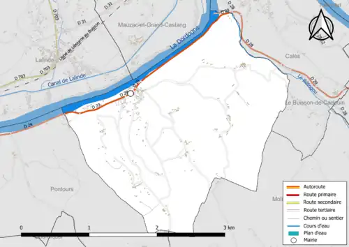 Carte en couleur présentant le réseau hydrographique de la commune