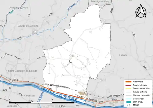 Carte en couleur présentant le réseau hydrographique de la commune