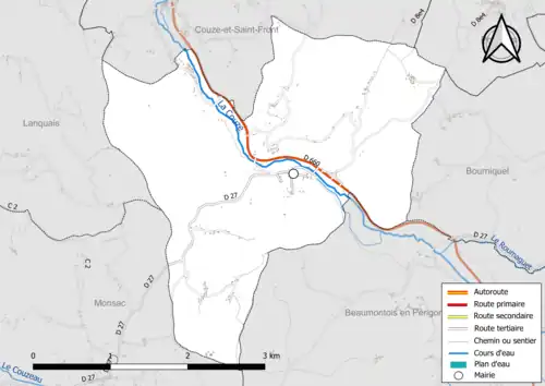 Carte en couleur présentant le réseau hydrographique de la commune
