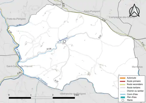 Carte en couleur présentant le réseau hydrographique de la commune