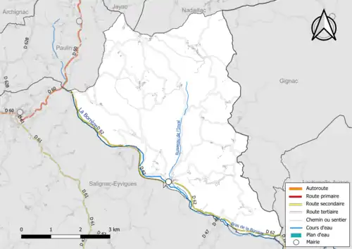 Carte en couleur présentant le réseau hydrographique de la commune