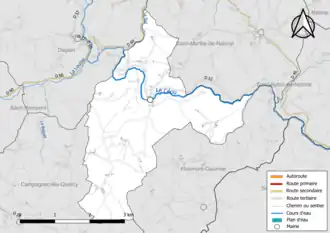 Carte en couleur présentant le réseau hydrographique de la commune