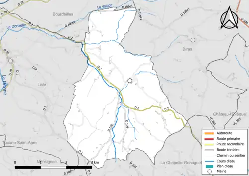 Carte en couleur présentant le réseau hydrographique de la commune