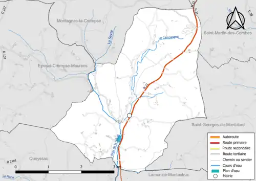 Carte en couleur présentant le réseau hydrographique de la commune